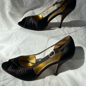 Daniblack chocolate brown satin peep toe heels size 9 1/2 M